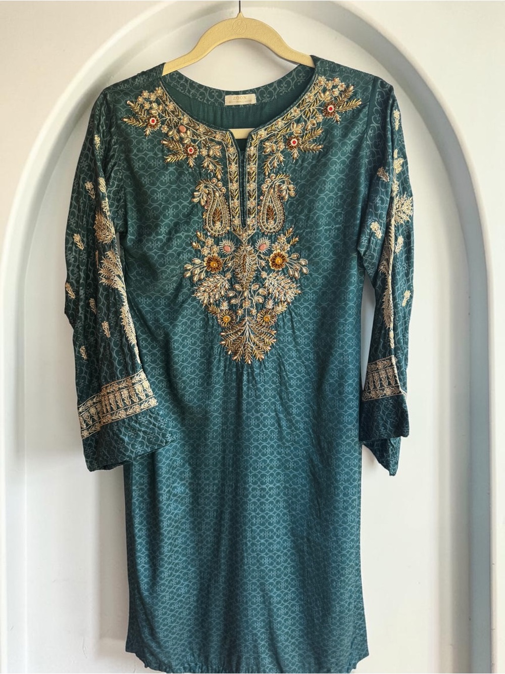 Zoon Tribe Hand Embroidered Teal Kurta Dress Tunic - Size Small - EUC‎